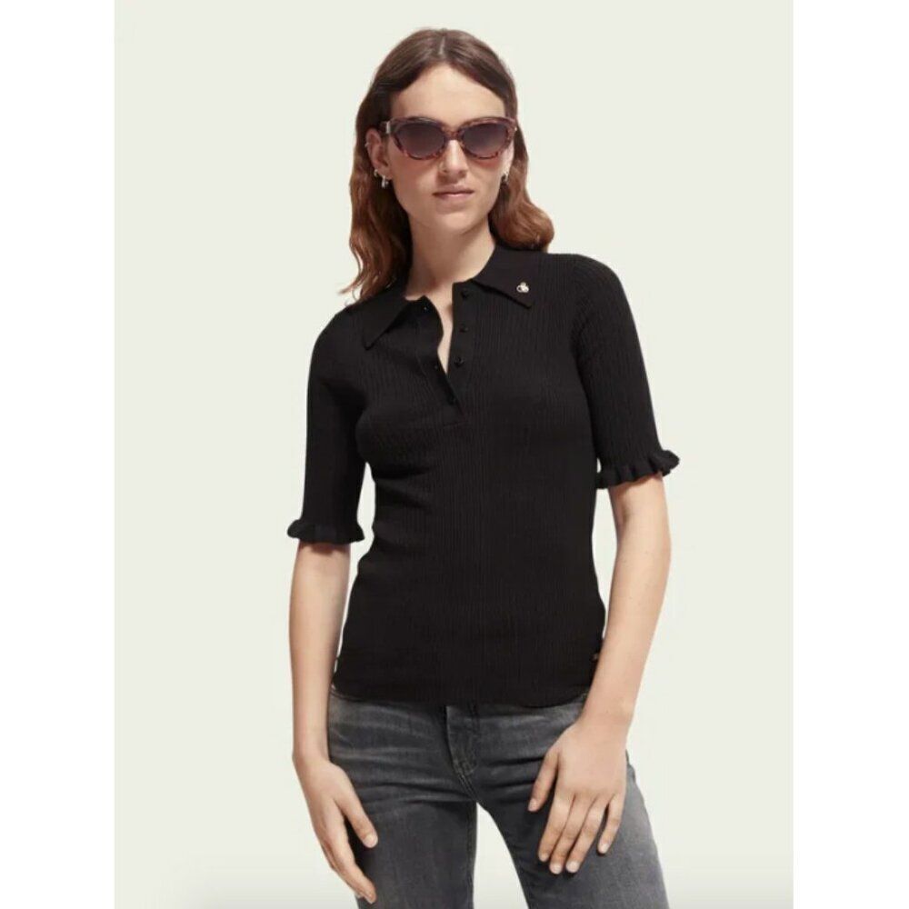 Scotch & Soda dark brown ribbed ruffle sleeve quarter button polo shirt top
